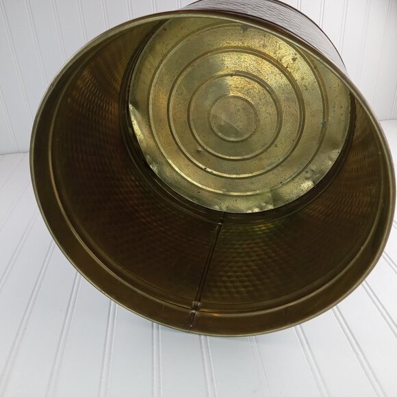Large Brass Planter Hammered Gold Trash Can 10 x 12.5 MCM Patina Vtg Flower Pot - Picture 10 of 12